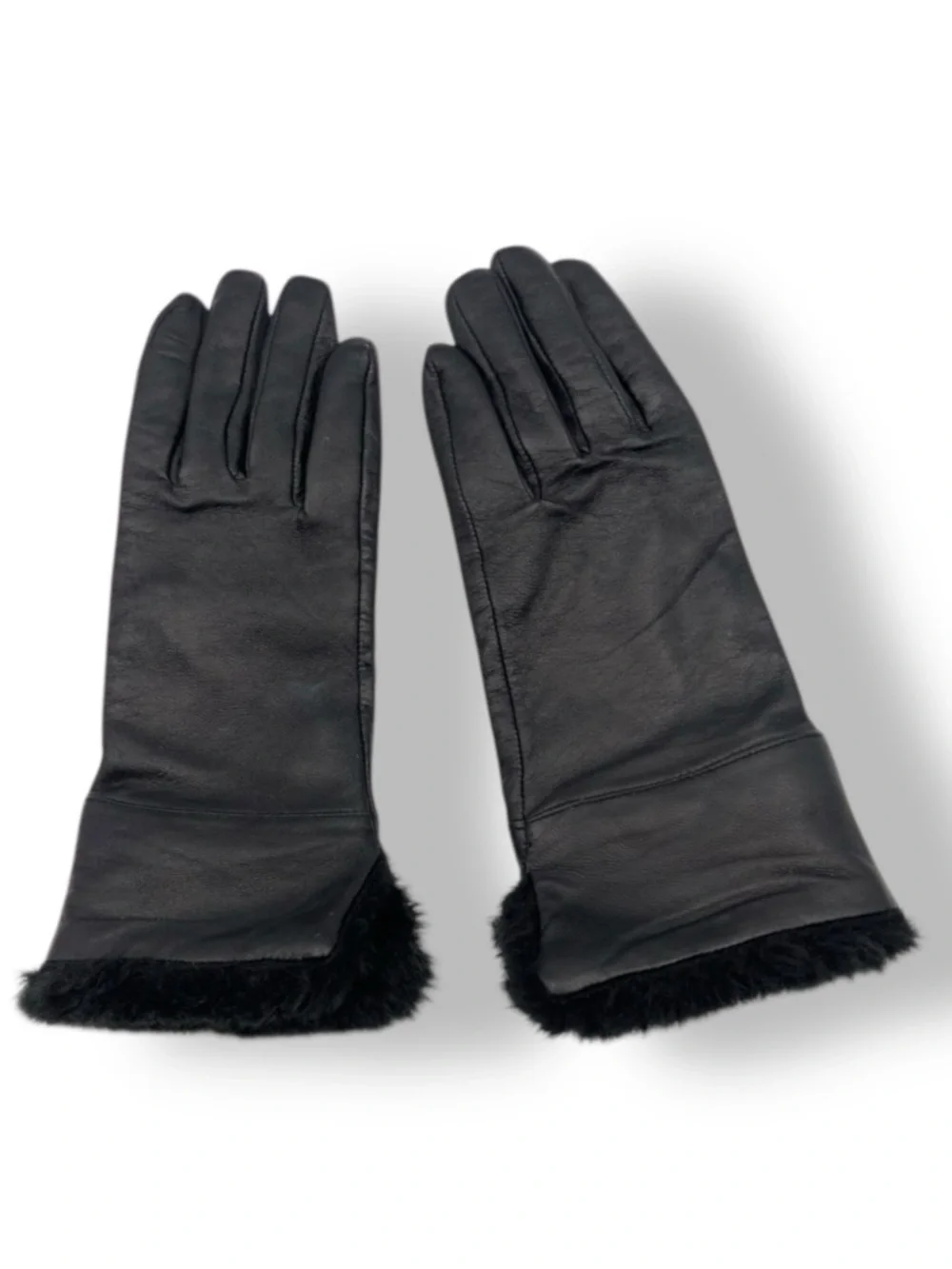 Ann Taylor LOFT Black Leather Faux Fur Lined Gloves Size Small